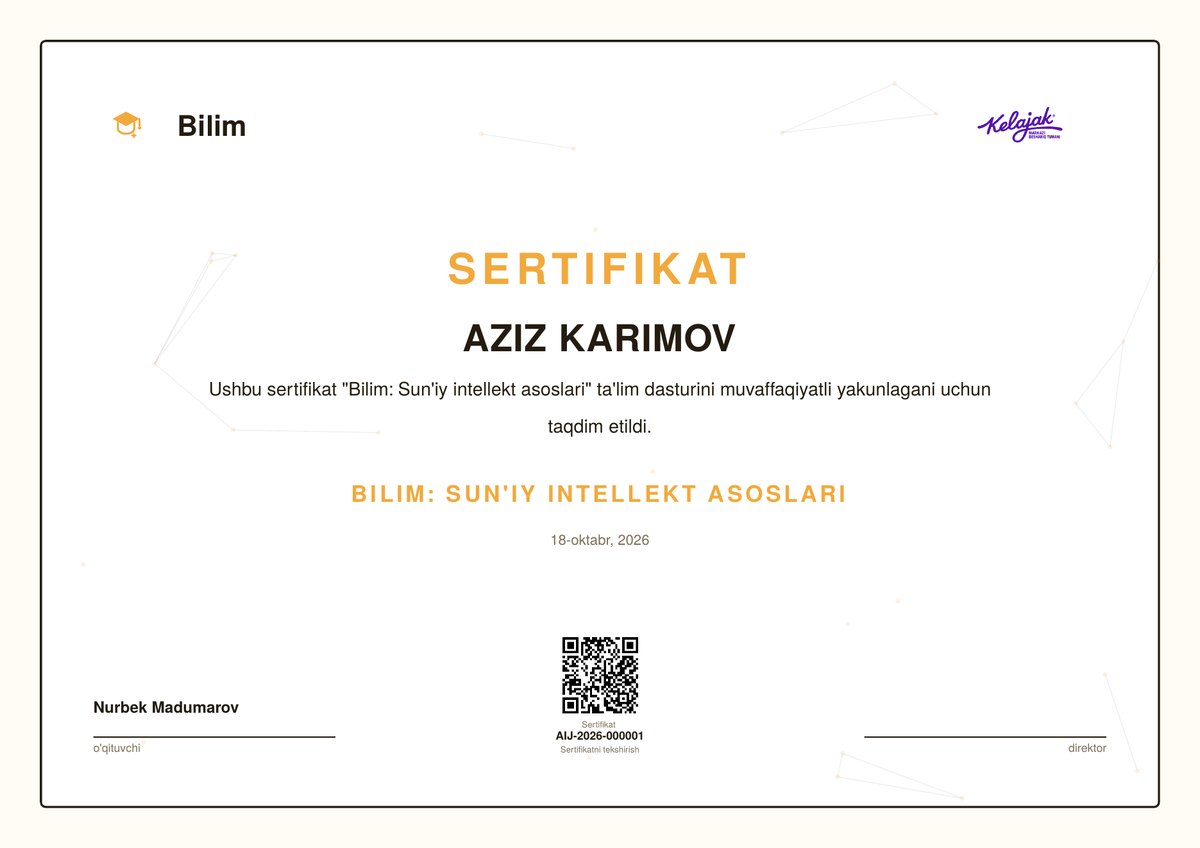 Bilim platformasi sertifikati namunasi: o'quvchi ismi, kurs nomi, sana, imzo va tekshirish uchun QR-kod