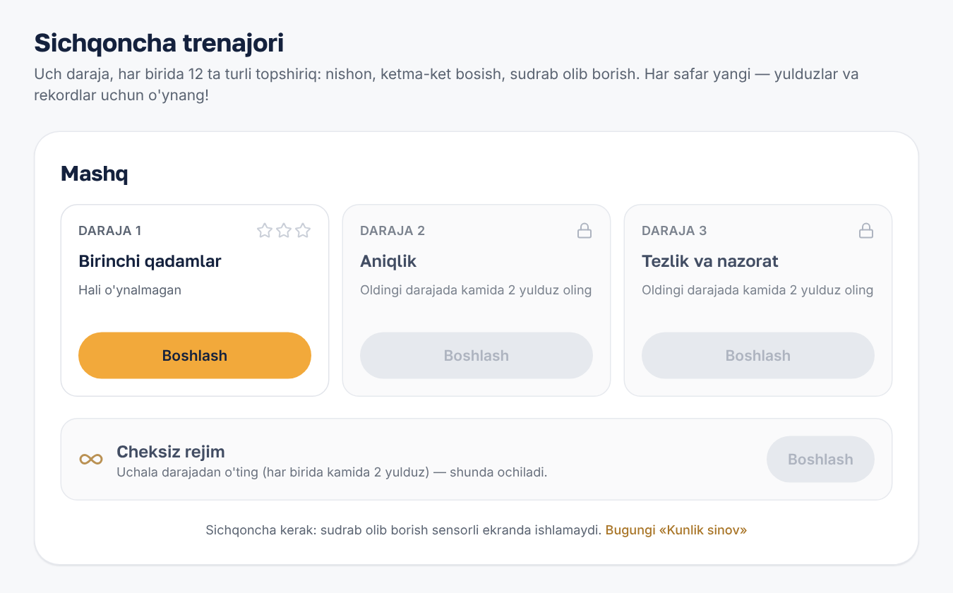 Platformadagi sichqoncha trenajori: uch daraja, o'tish uchun yulduzlar, yopiq darajalar qulf bilan belgilangan
